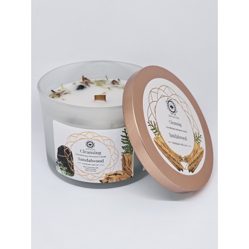 Bougie énergétique Tourmaline noire et bois de santal – Nettoyage énergétique et protection