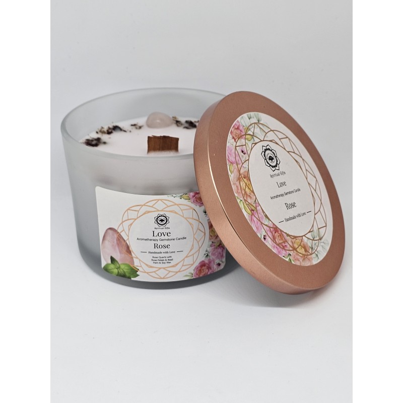 Bougie énergétique Quartz rose et fleur de rose – Amour et harmonie émotionnelle
