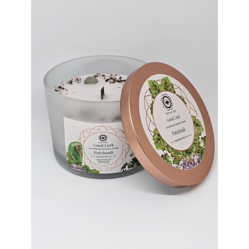 Bougie énergétique Aventurine verte et patchouli – Chance et énergie positive