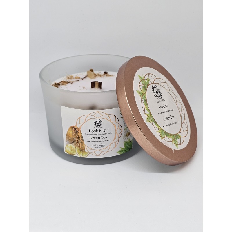 Bougie énergétique Citrine, citron et thé vert – Positivité et énergie stimulante